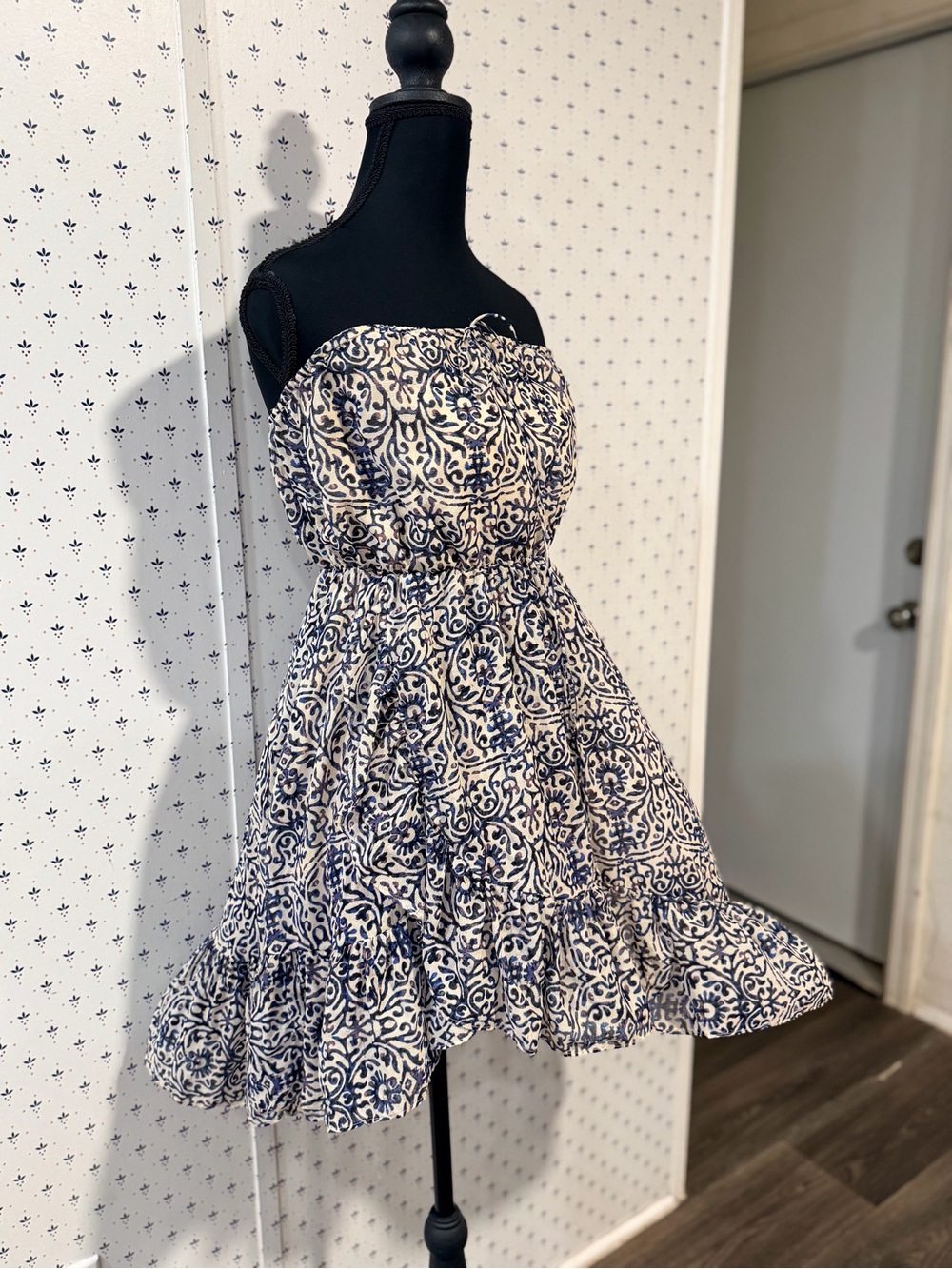 Free People Blue Cream Medallion Damask Strapless Mini